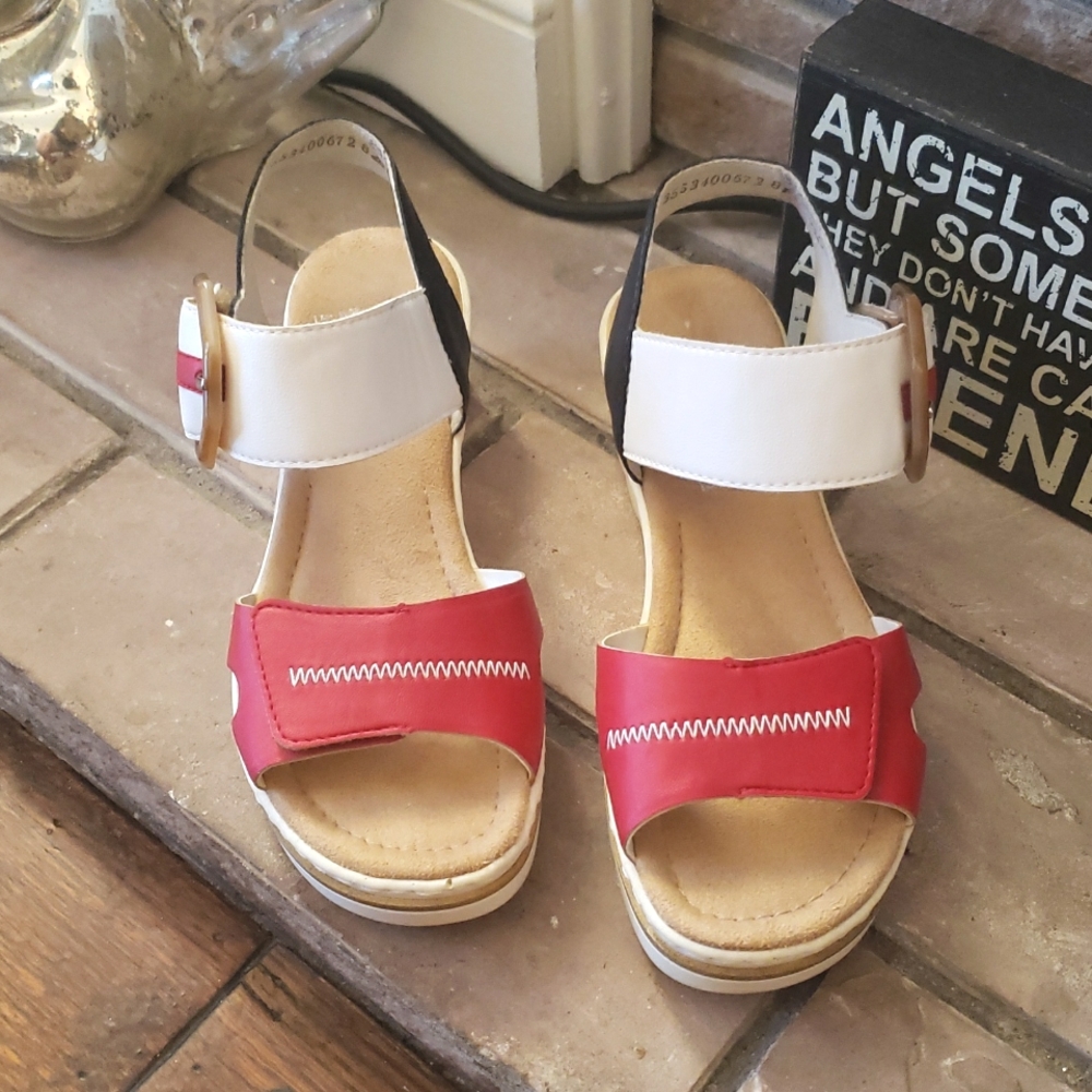 Rieker Anti-Stress Mock Buckle Red Combi Wedge Sandals Size 6/36